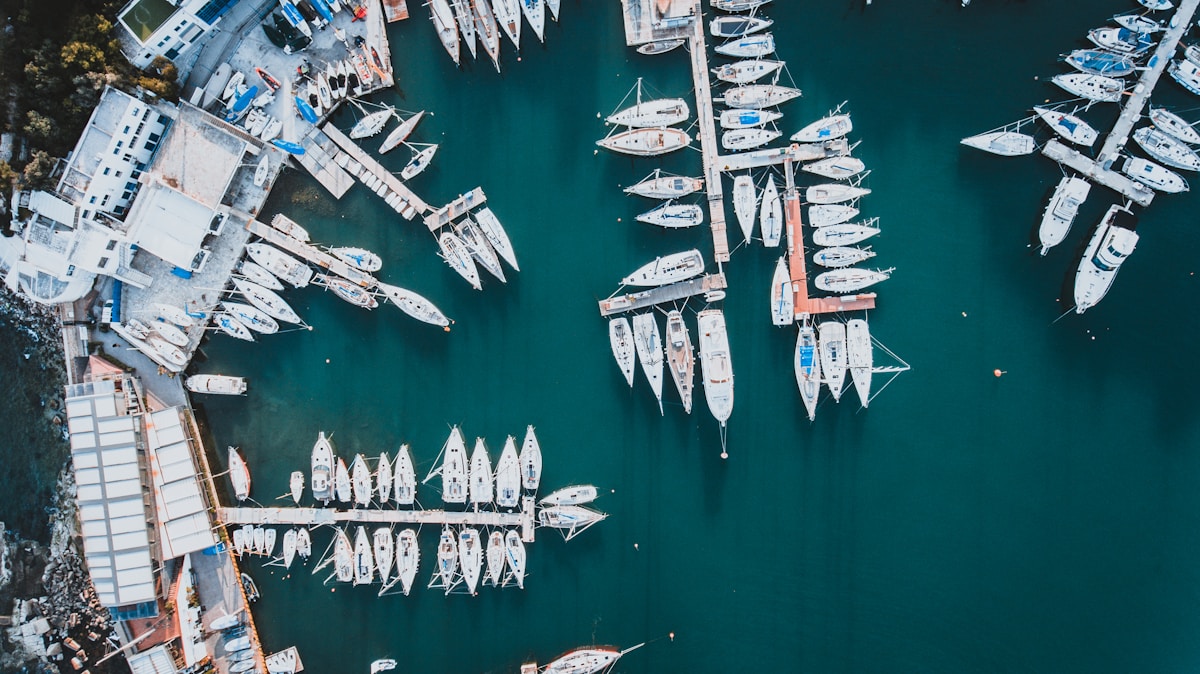 Aerial view of Mikrolimano marina with many sailboats, Piraeus, Athens, Greece