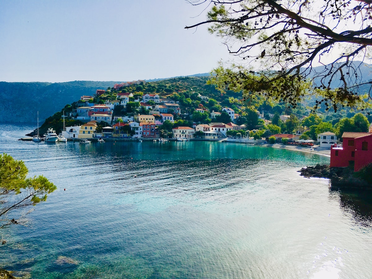 Colourful houses above the harbour at Asos village, Kefalonia, Ionian Islands
