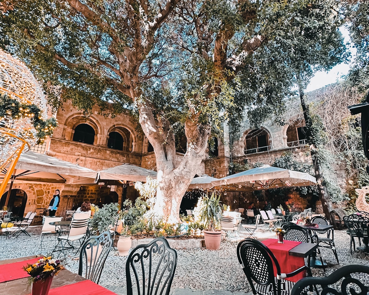 Restaurant tables and chairs under a large tree in the courtyard of Rhodes Old Town, Greece