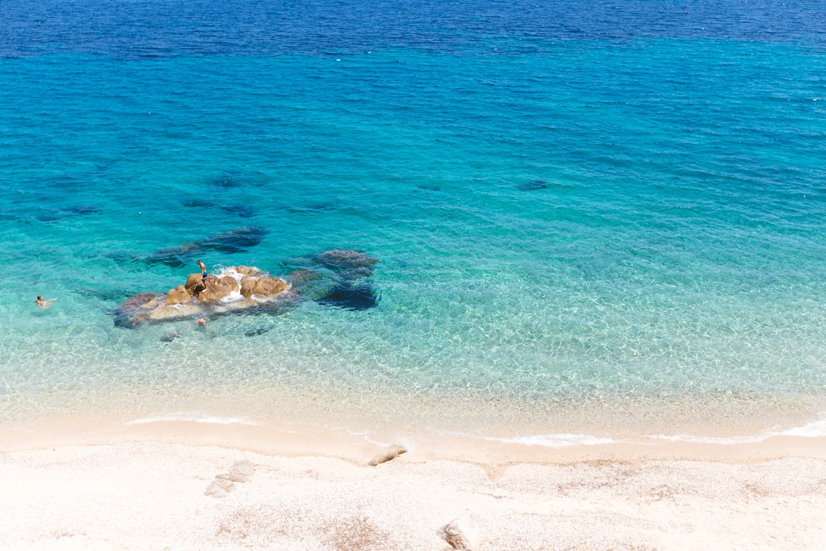 Turquoise water and white sand at Karidi Beach on the Sithonia peninsula, Halkidiki