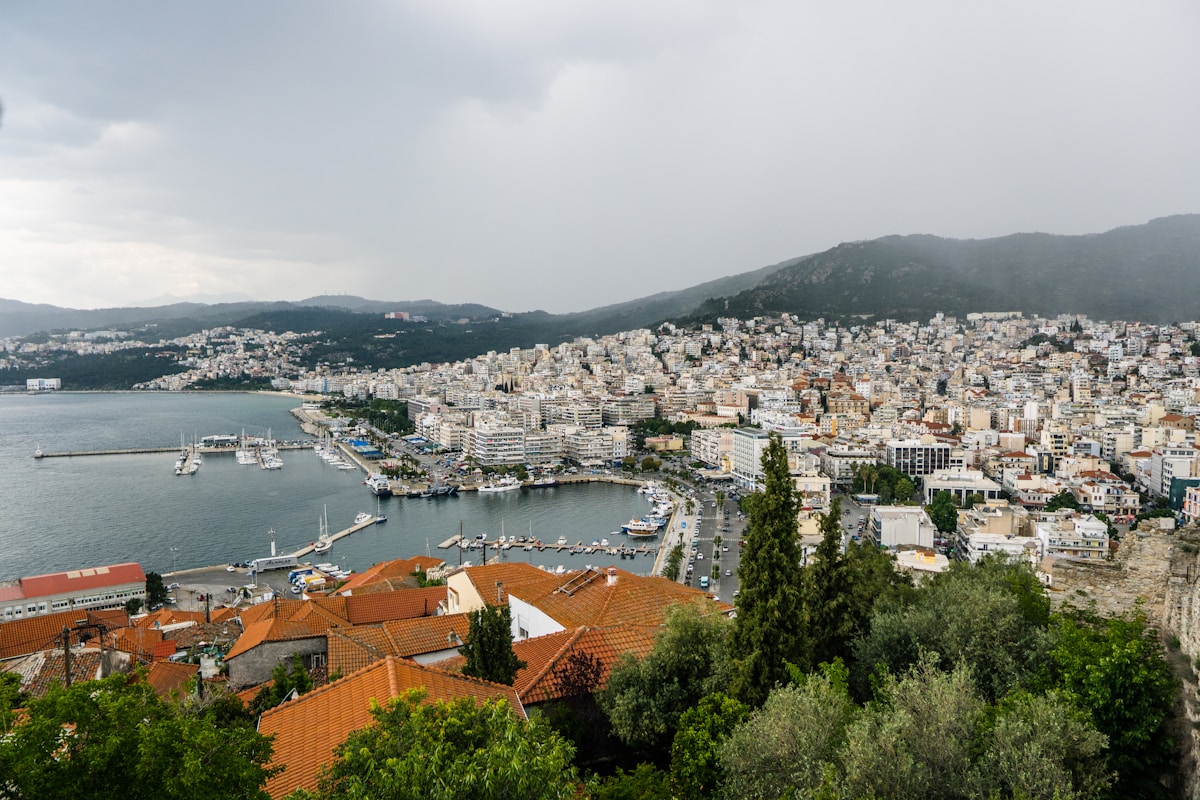 The Byzantine aqueduct of Kavala overlooking the city and the harbour below