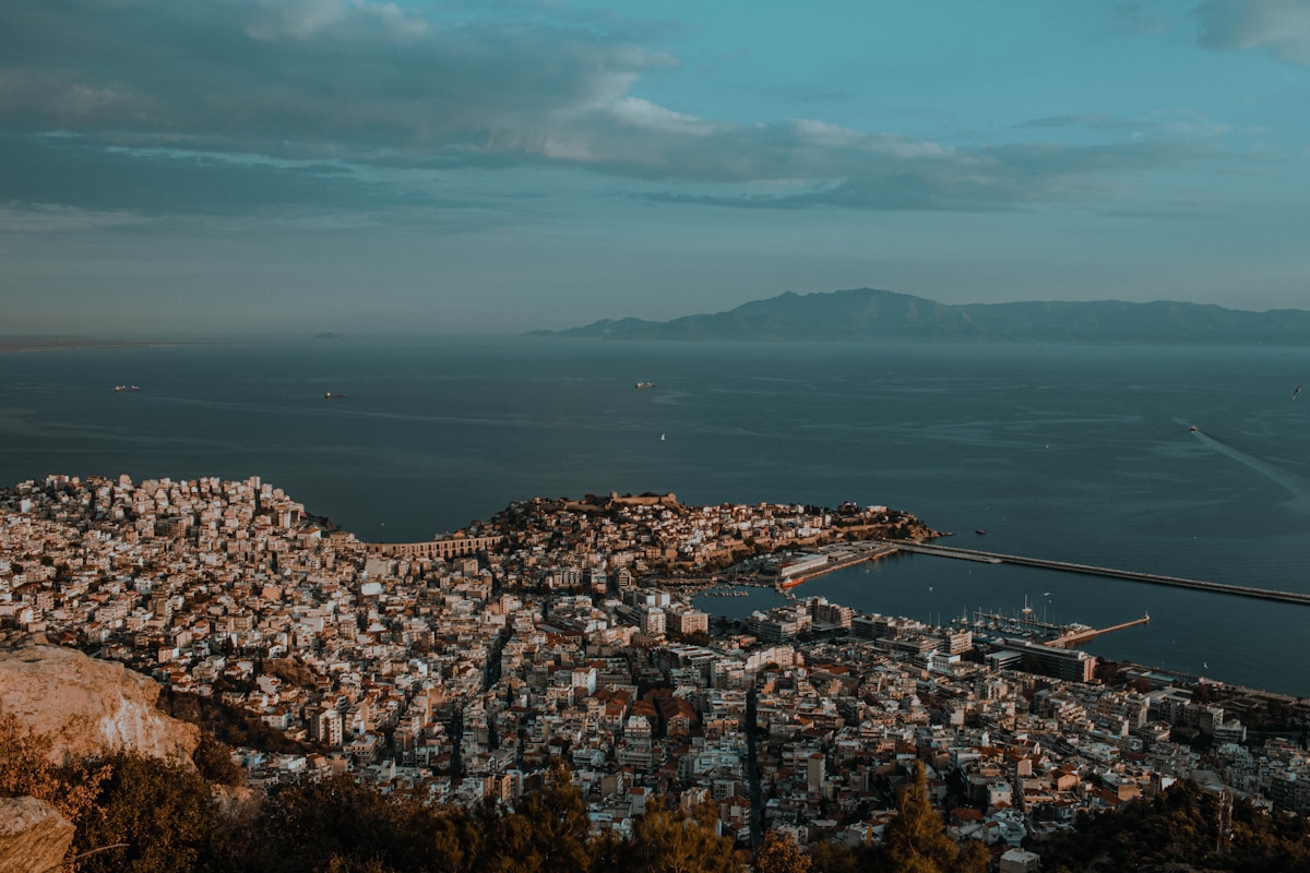 Aerial view of Kavala city, the Panagia peninsula and harbour from the hills, Greece