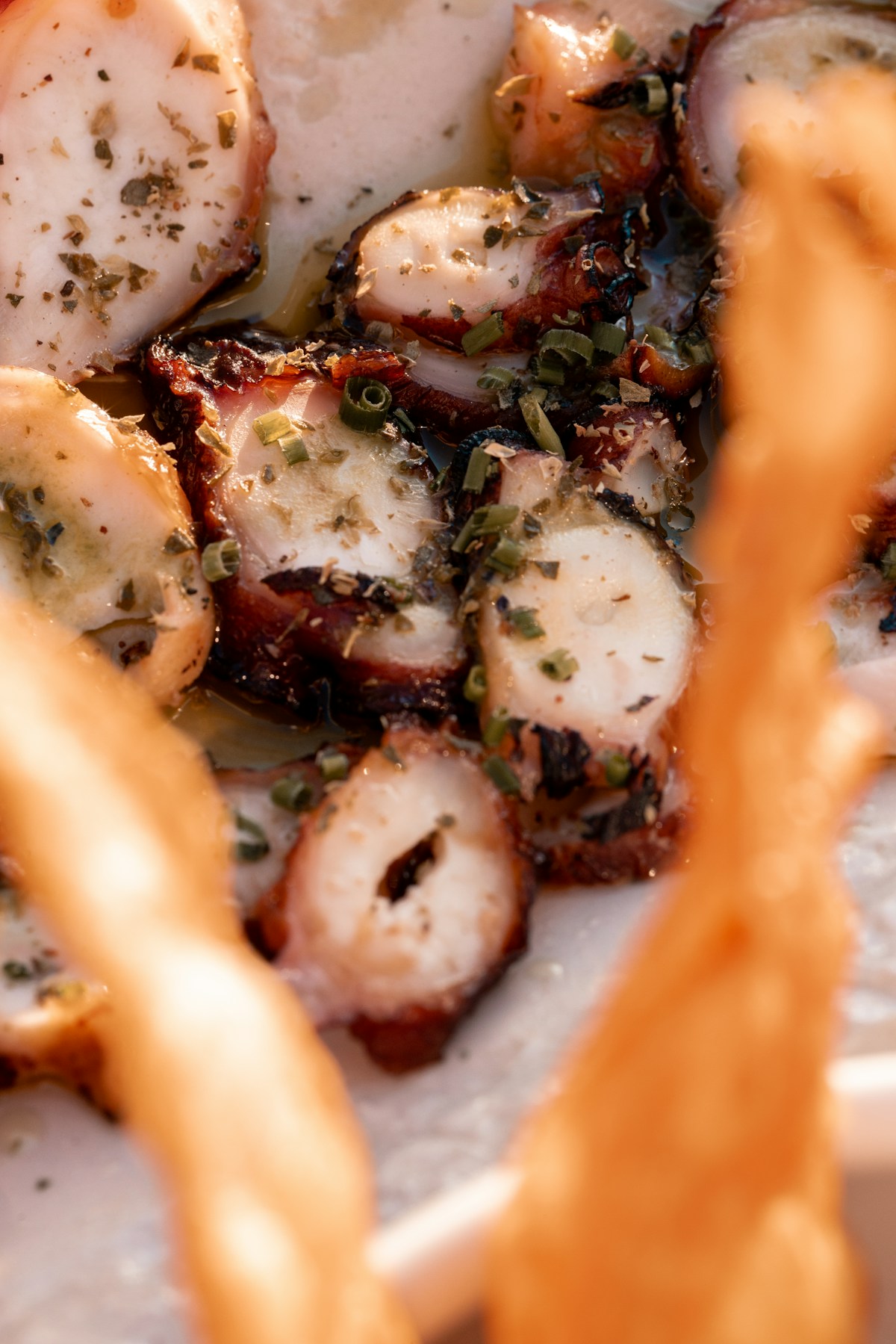 Grilled octopus with herbs served on a white plate in Fira, Santorini