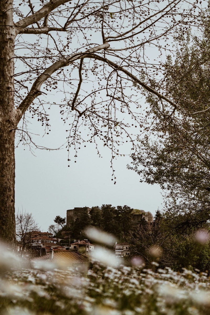 Castle ruins on a hilltop above a village with autumn trees, Trikala, Greece