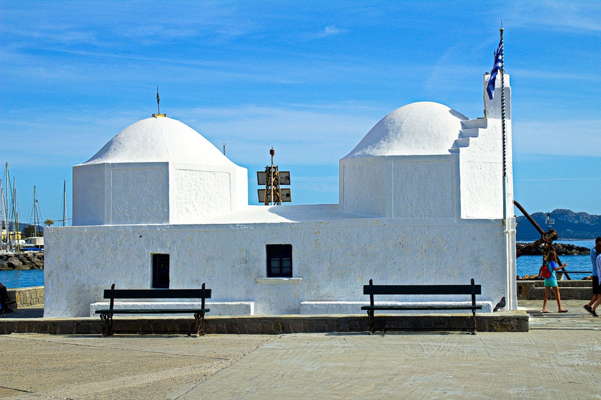 Agios Nikolaos chapel with two domes on the Aegina Town waterfront, Saronic Gulf, Greece