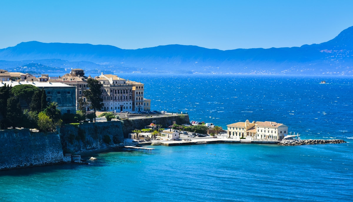 Corfu Old Town with the Venetian Liston arcade and the Ionian Sea beyond