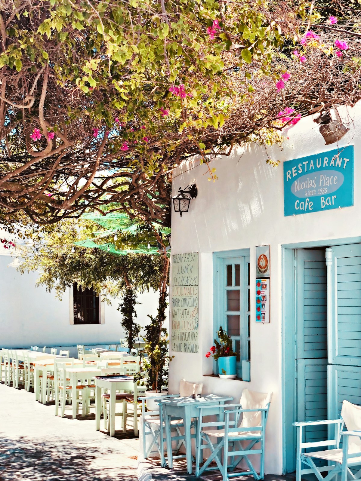 White and blue Cycladic café with outdoor seating under bougainvillea, Folegandros village, Greece