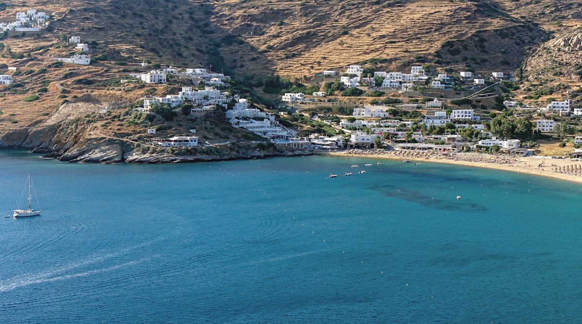 Golden sand beach at Mylopotas, Ios, with clear turquoise water and blue sky