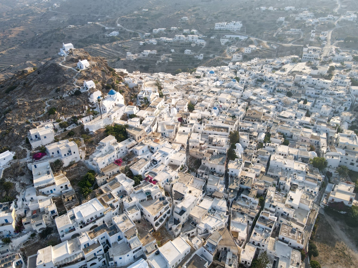 Aerial view of densely packed white Cycladic village of Chora on the island of Ios, Greece