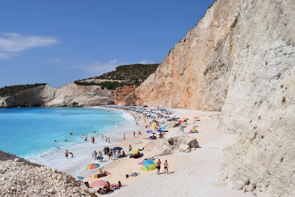 Porto Katsiki beach in Lefkada with dramatic white cliffs and turquoise water