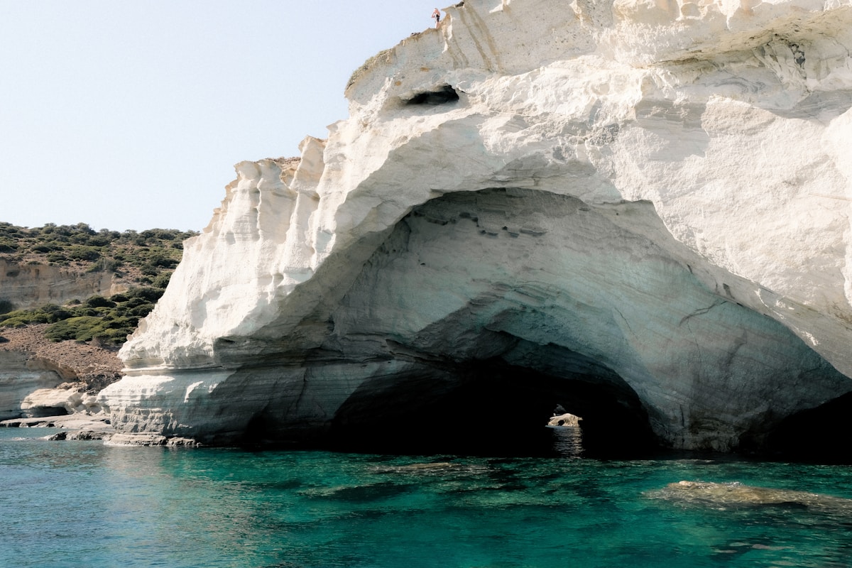 Lunar white volcanic rock formations at Sarakiniko beach on the island of Milos, Greece