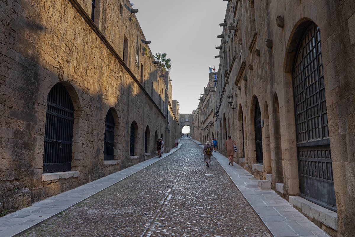 Cobblestone Street of the Knights in Rhodes Old Town medieval quarter