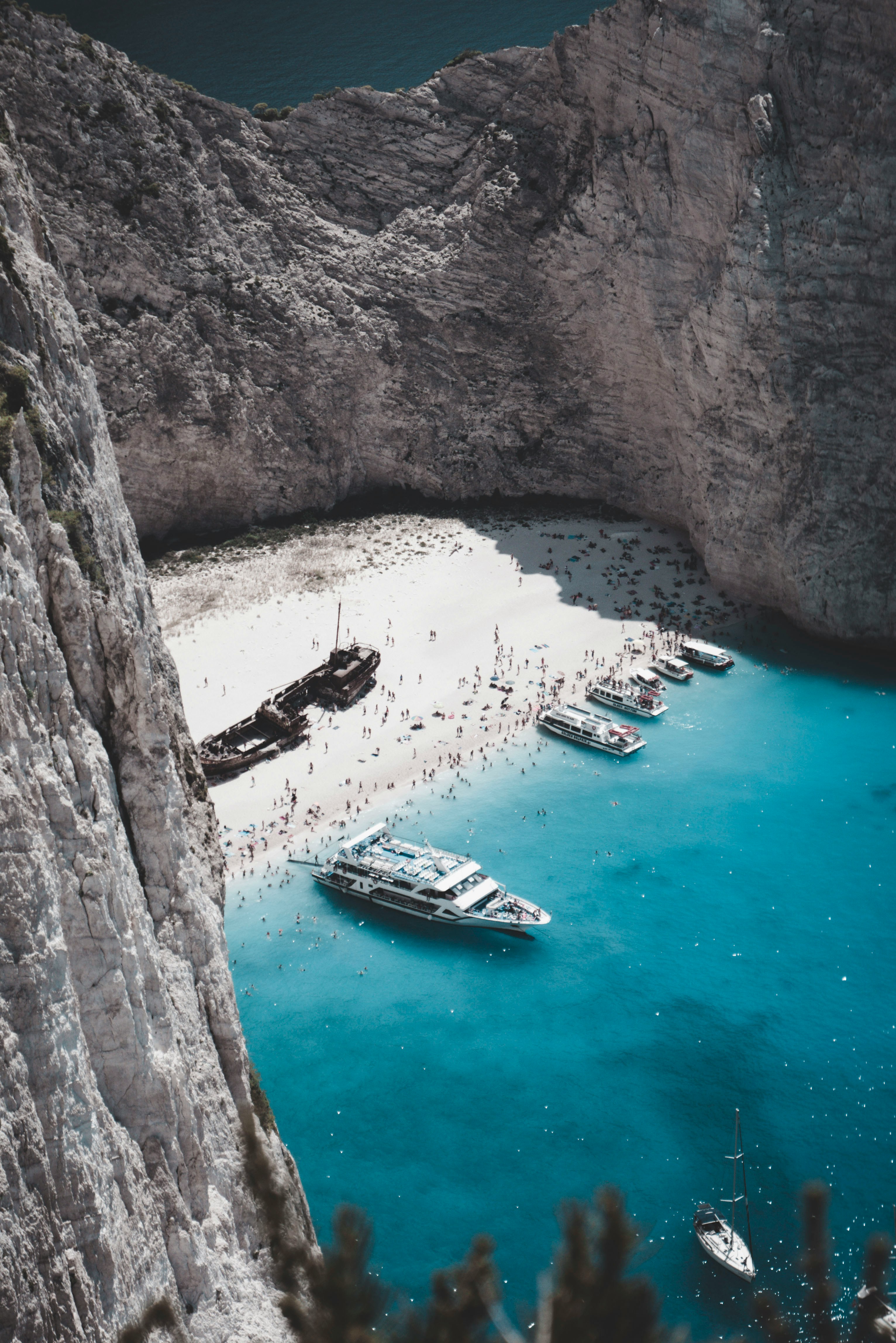 Aerial view of Navagio Shipwreck Beach with turquoise water and cliffs, Zakynthos, Greece