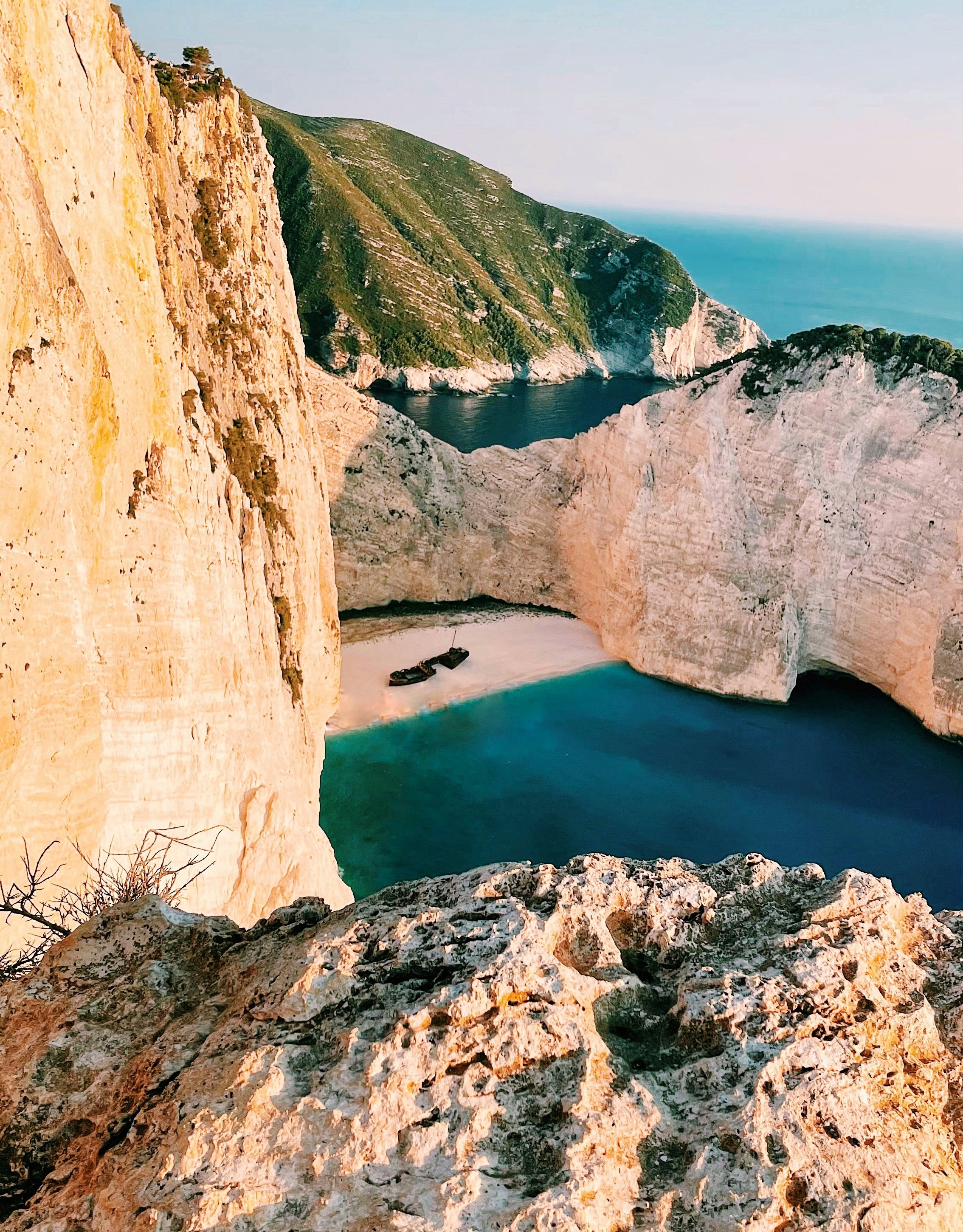 Navagio Bay seen from the clifftop viewpoint at sunset, Zakynthos