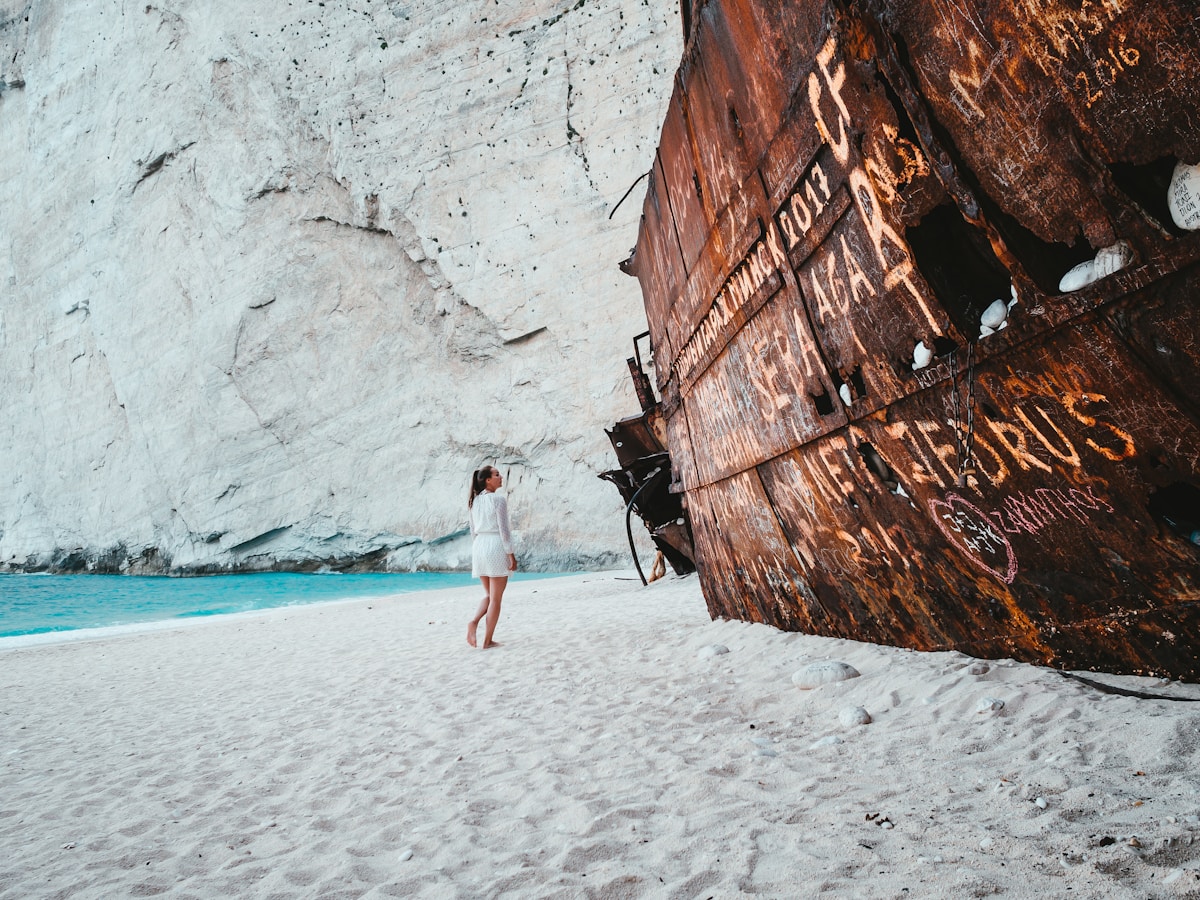 Navagio Beach (Shipwreck Beach) on Zakynthos with the famous shipwreck on white sand
