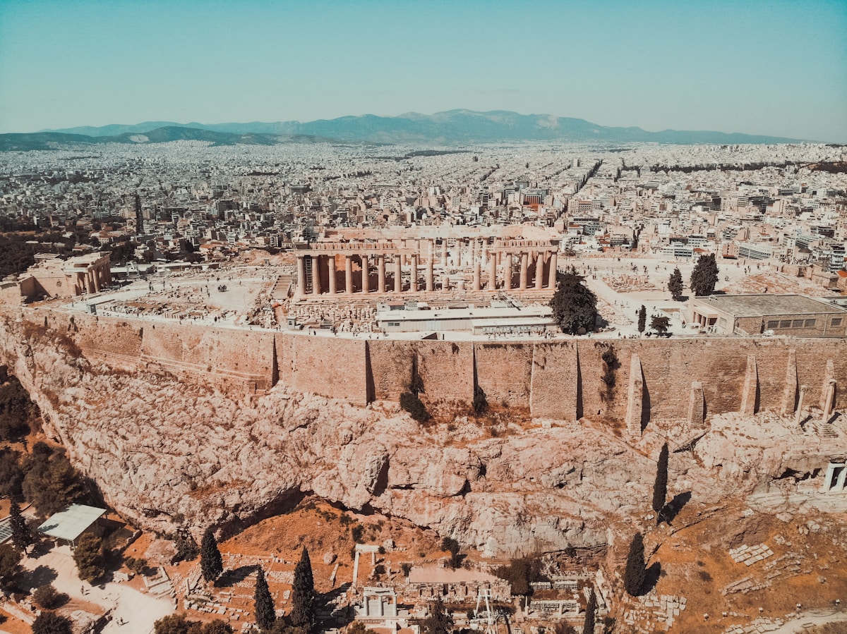 Aerial view of the Acropolis and Parthenon above Athens, Greece