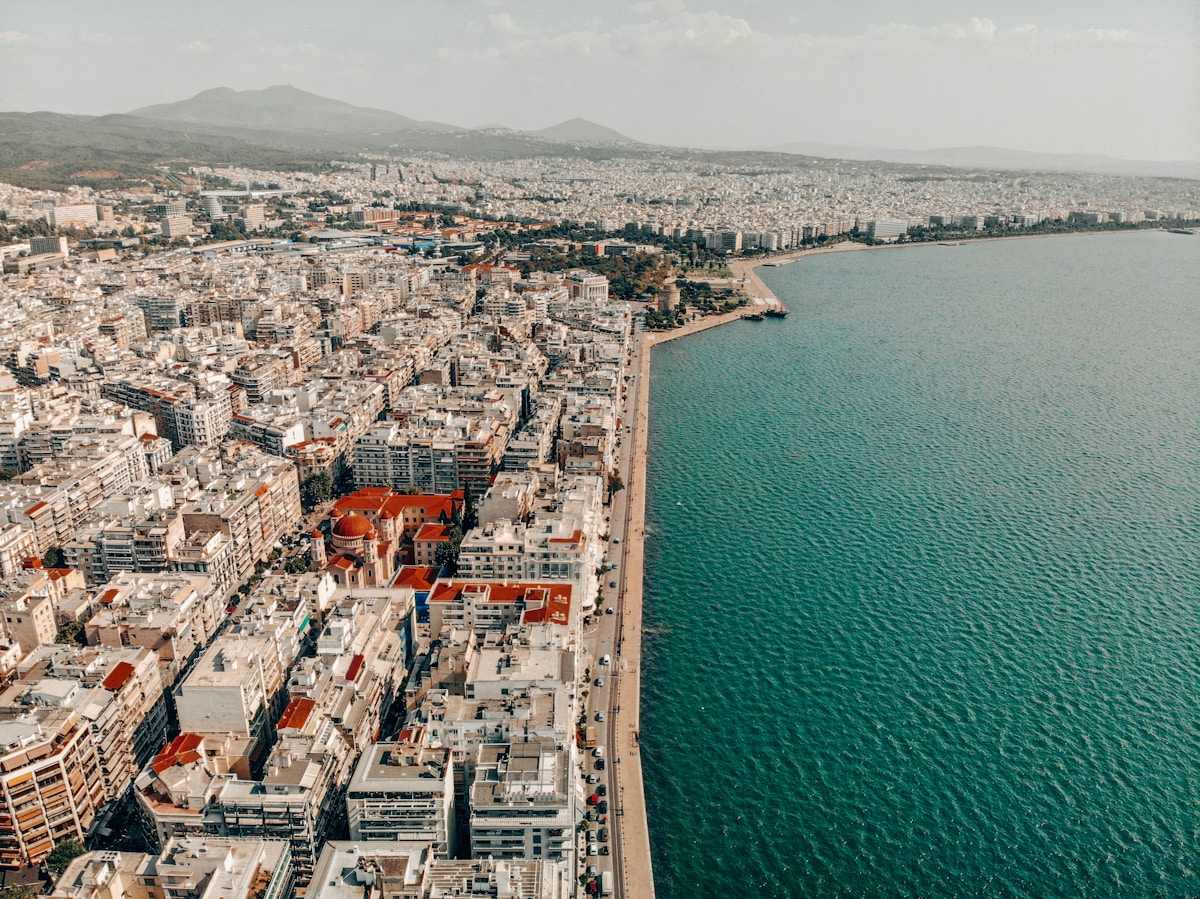 Aerial view of Thessaloniki waterfront and the city beside the sea