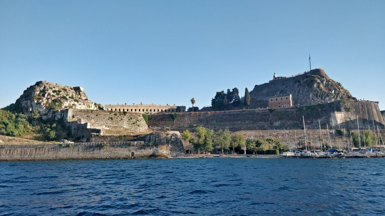 The Old Fortress of Corfu Town above the harbour seen from the sea, Ionian Islands