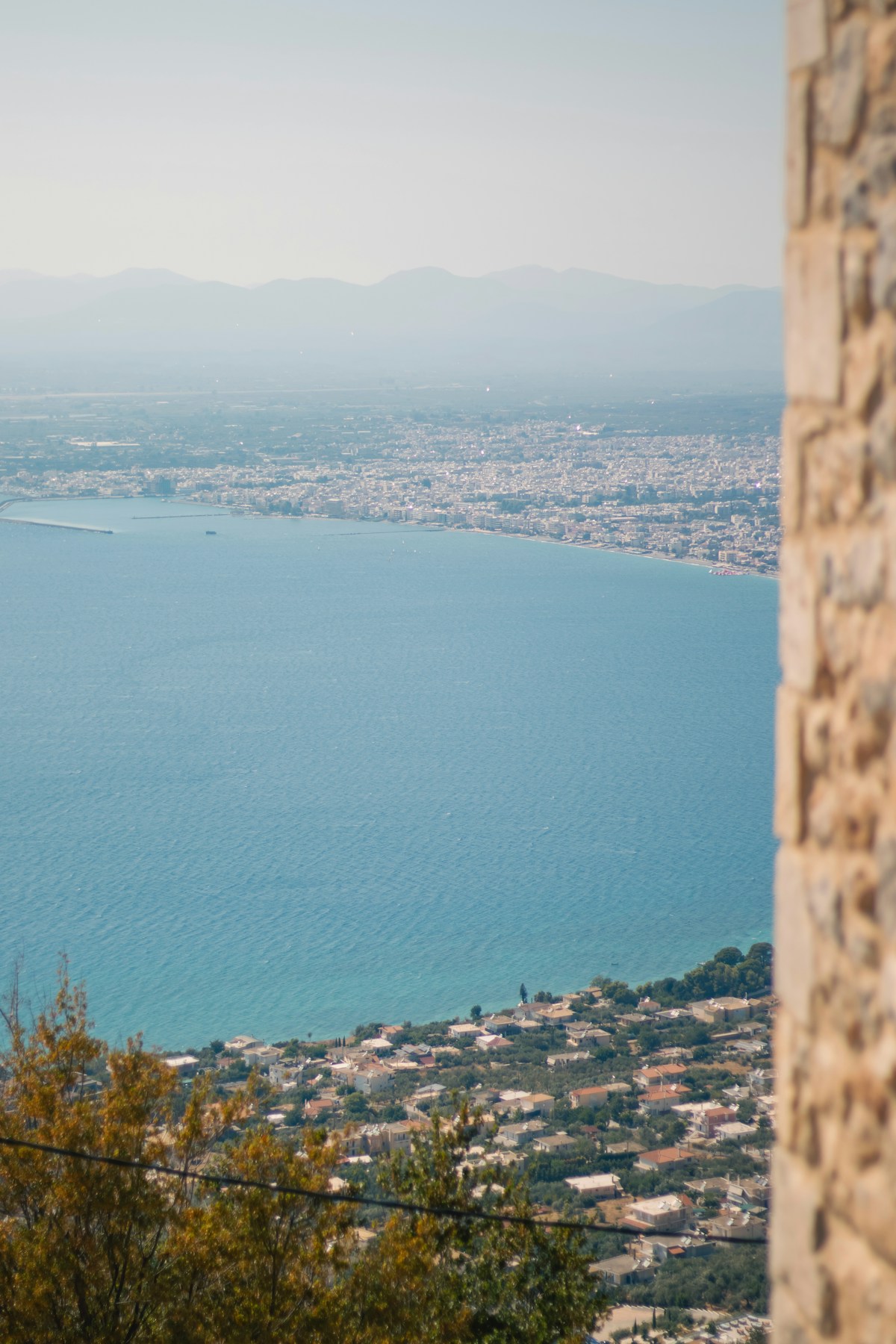 View over Kalamata city and the Messinian Gulf from the medieval castle on the hill, with mountains in the distance