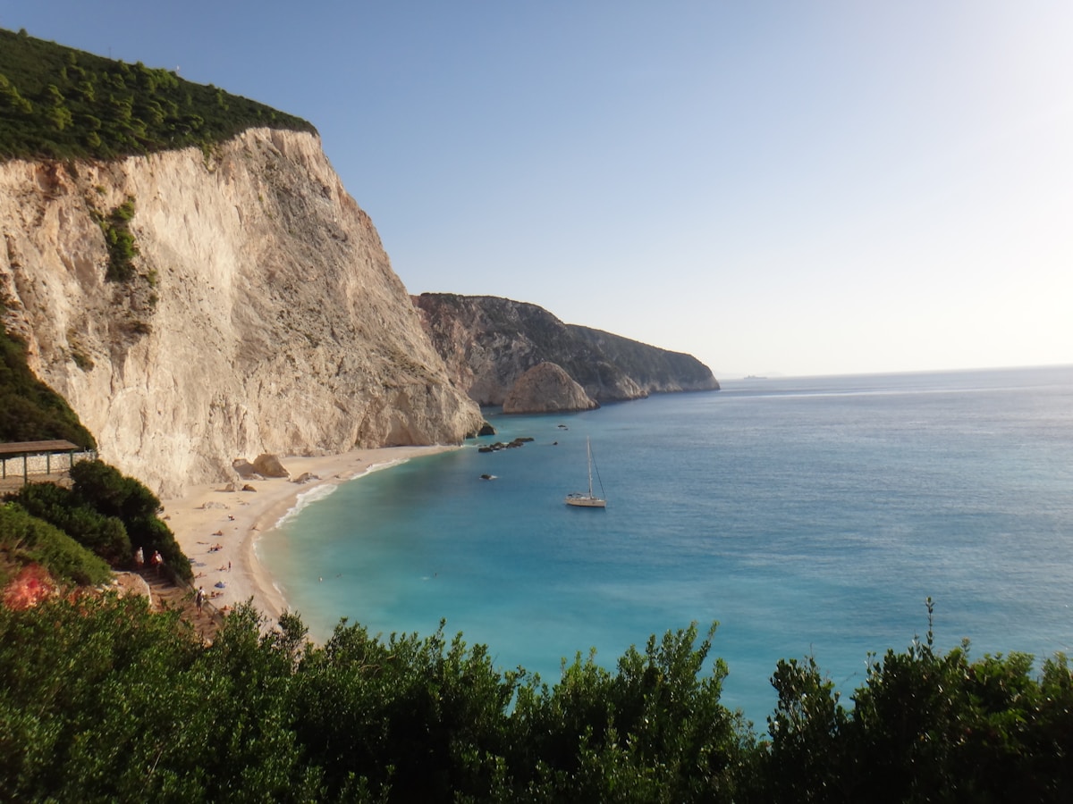 White sandy beach with turquoise sea and white cliffs at Porto Katsiki, Lefkada, Greece